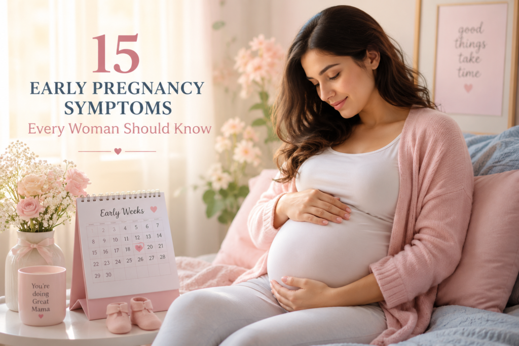 Woman experiencing early pregnancy symptoms in first trimester.